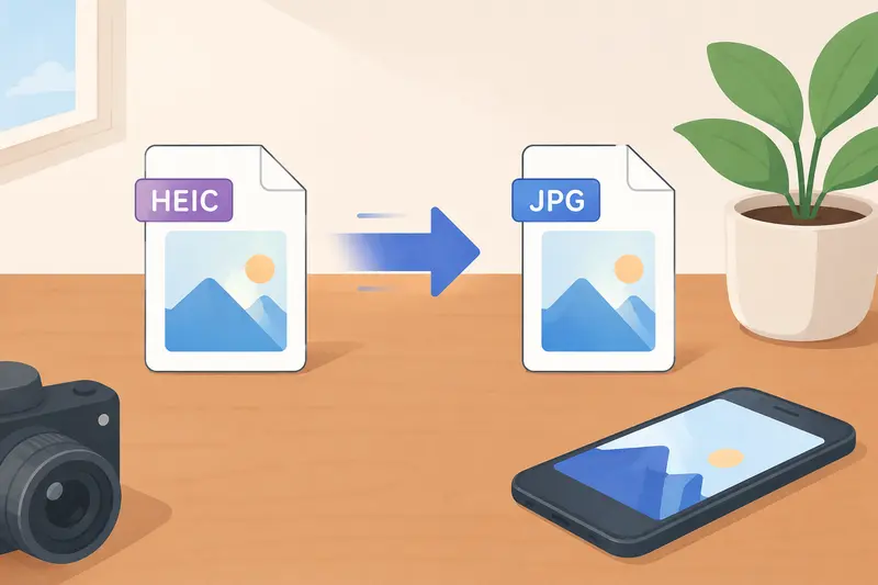 Conceptual HEIC to JPG converter process with files moving between formats