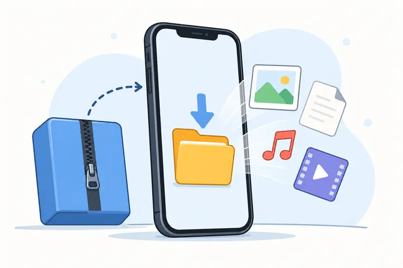 Person organizing compressed archive files on a smartphone while extracting 7Z files