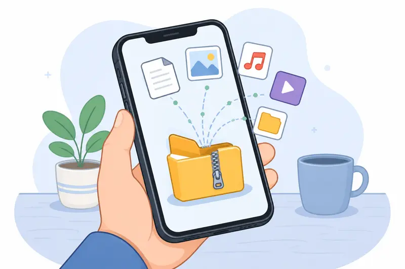 Mobile workflow showing extracted documents and media files organized into folders
