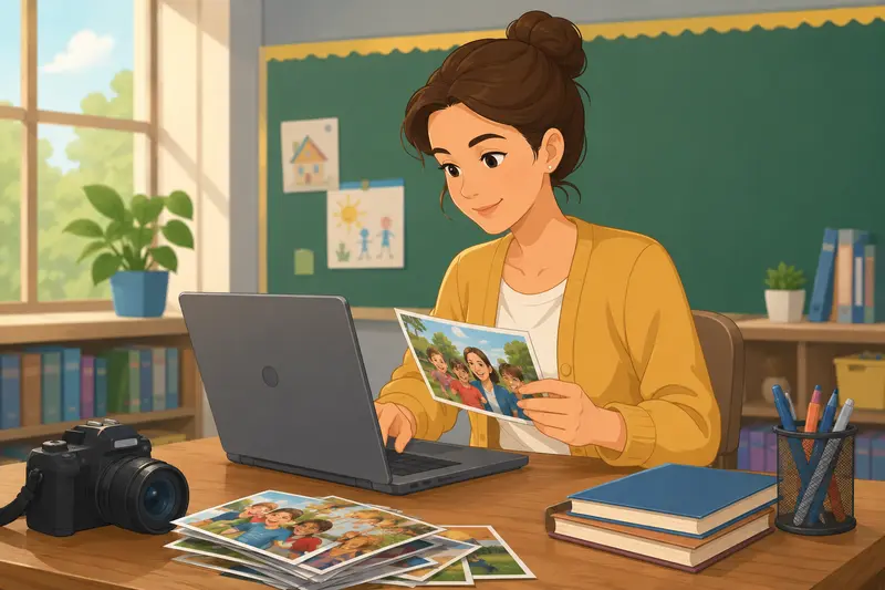Teacher organizing classroom photos after using clean image metadata online workflows