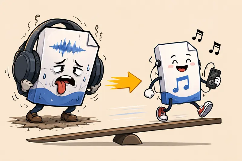Comparison between large WAV audio files and compact MP3 mobile-ready files