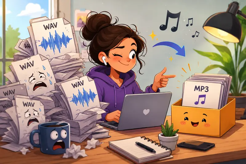 Mobile workflow using a WAV to MP3 converter for marketing audio assets