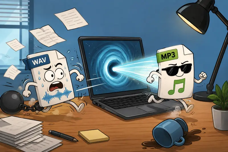 Conceptual WAV to MP3 converter workflow with audio files moving between devices