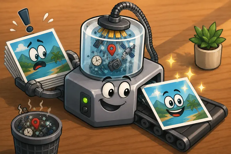 Privacy-focused concept art showing delete photo metadata before public sharing