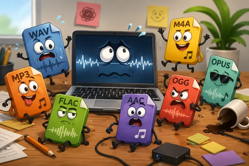 Marketer organizing audio files for an audio format converter online workflow