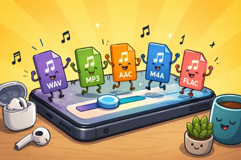 Illustration of marketers using mobile devices to convert audio files while managing campaign assets