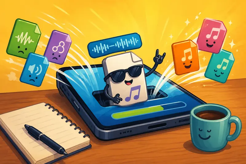 Conceptual image showing audio files transforming between multiple formats during a mobile marketing workflow