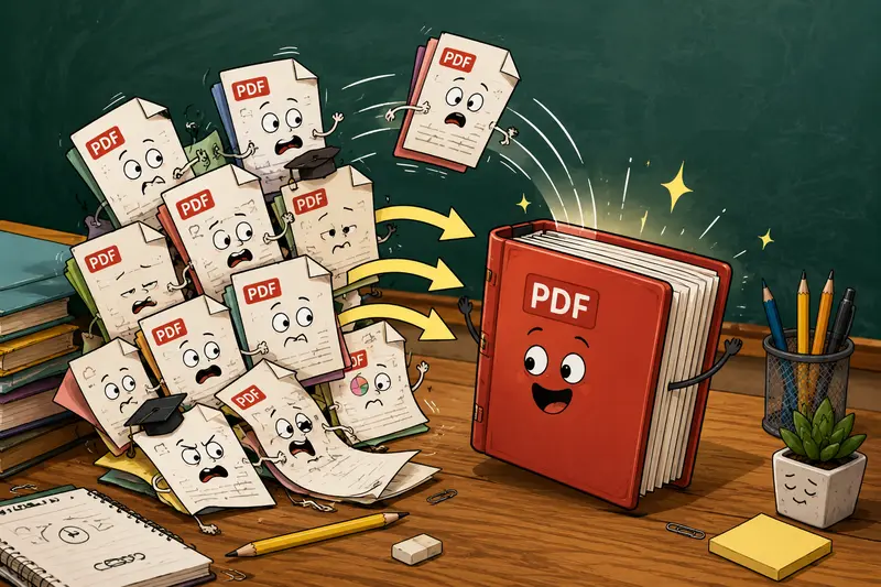 Stack of scanned classroom documents being combined into a single PDF workflow