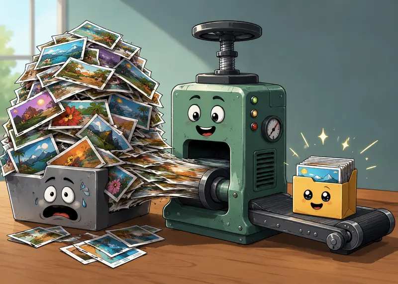 Designer organizing compressed JPG and WEBP assets for delivery