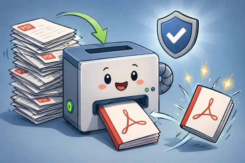 Batch PDF merge process with organized document stacks