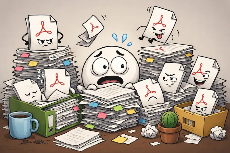 Illustration of merge large PDF files from mixed remote team sources