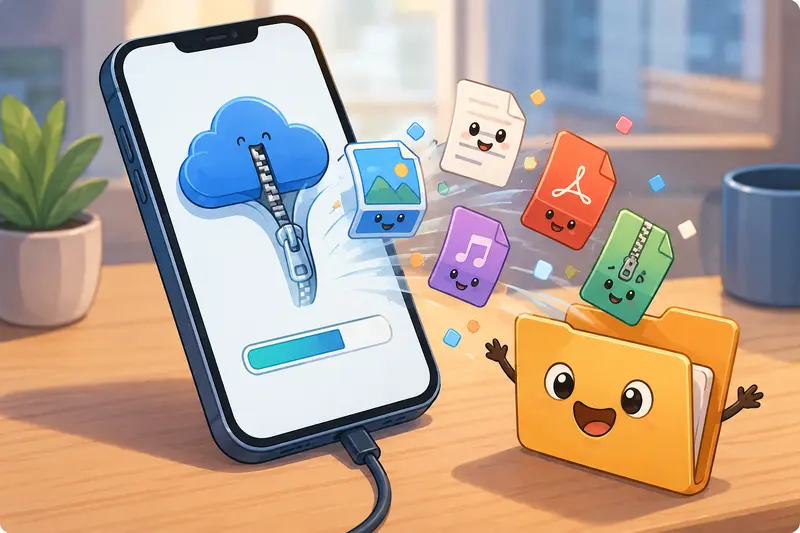 Designer using archive extractor online workflow on iPhone with creative project files