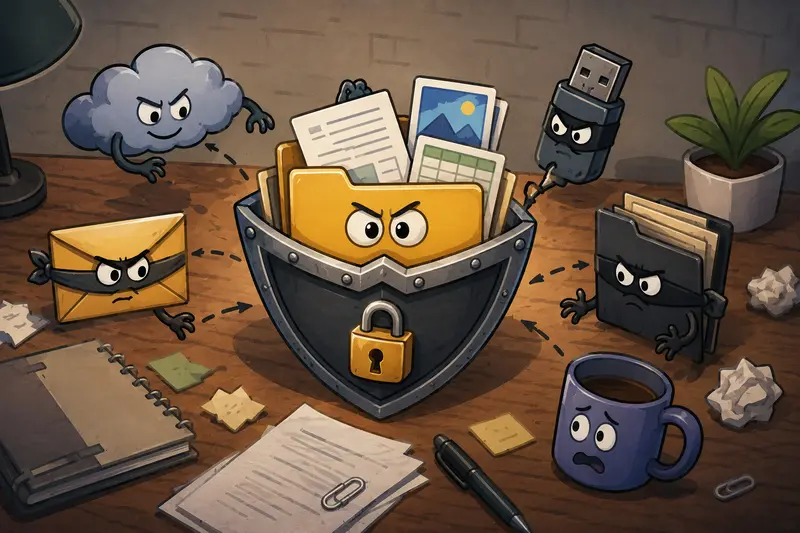 Encrypted backup archive moving through a secure file workflow
