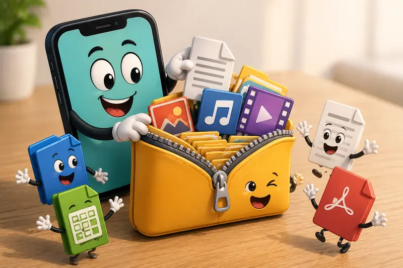 Extract ZIP files on iPhone with mixed media and document compatibility concept