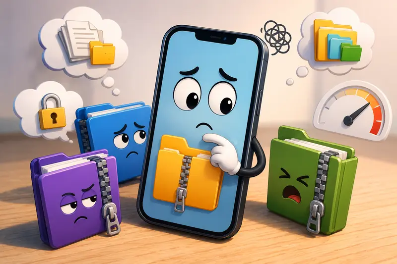 Conceptual mobile archive extraction workflow with cloud storage and compressed files