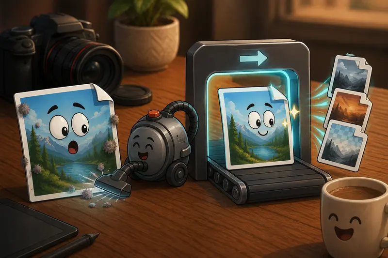 Cleaned image files moving through a secure photography delivery workflow