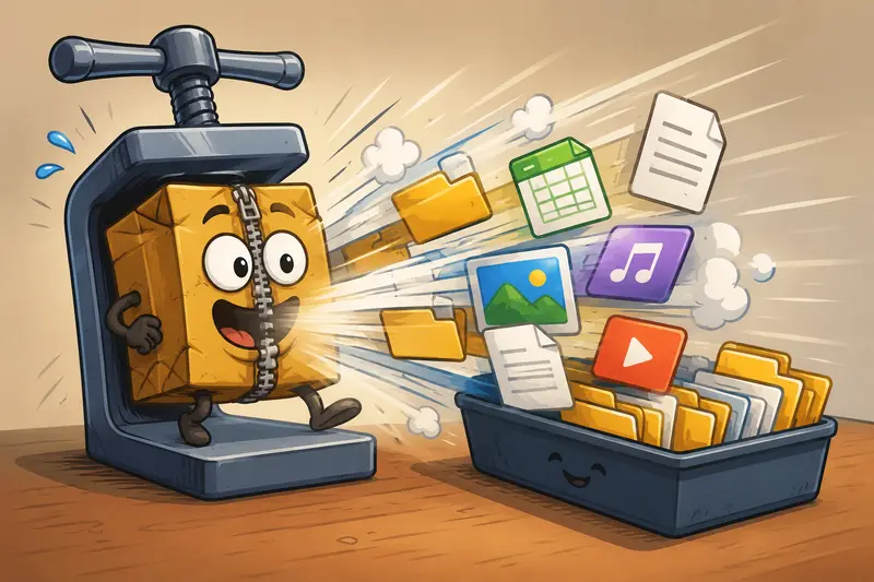 Conceptual browser-based extract ZIP files process with organized document flow