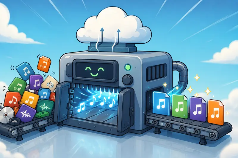 Illustration showing batch audio conversion process across multiple file formats