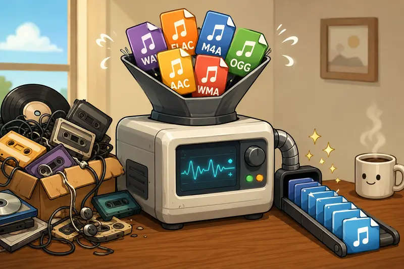 Conceptual illustration of audio format converter online workflow between devices and file types
