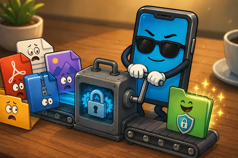 Conceptual secure workflow showing metadata cleanup before encrypt files online process for Android document sharing