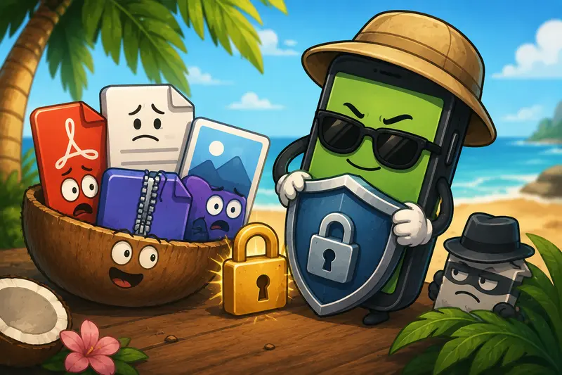 Illustration representing private file sharing workflow with encrypted Android files moving securely between devices and cloud systems