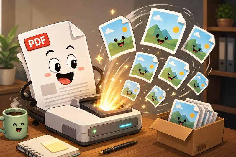 Batch PDF to image conversion concept with multiple document pages becoming JPG files