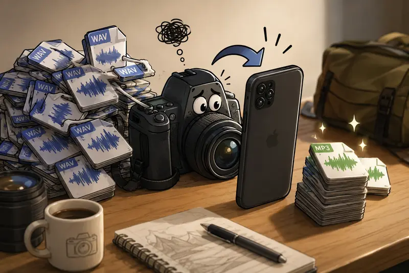 Photographer organizing audio recordings through a WAV to MP3 converter workflow on iPhone