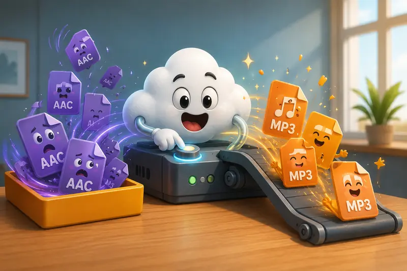Conceptual AAC to MP3 converter workflow with cloud uploads and distributed collaboration