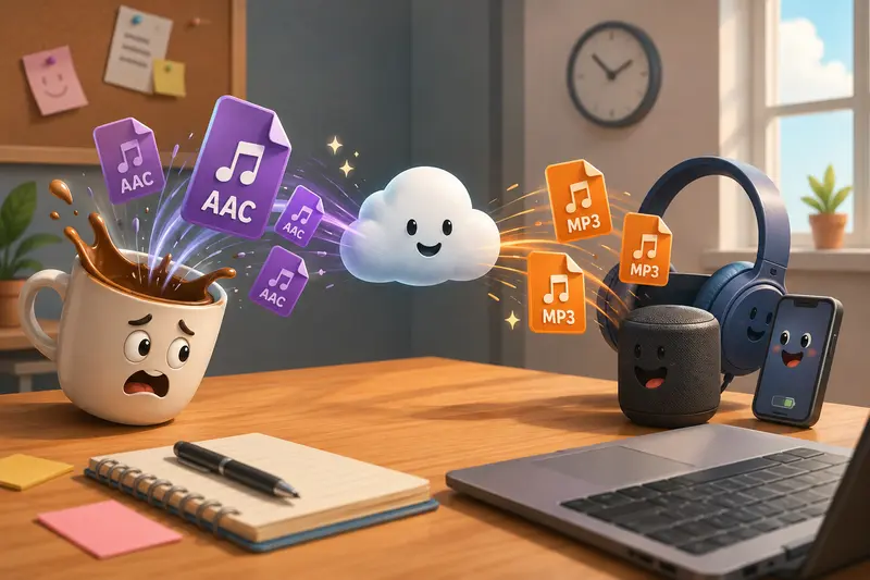 Remote team using AAC to MP3 converter workflows across devices