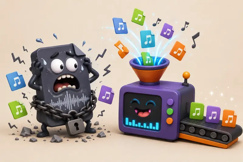 Conceptual illustration of audio format converter online handling oversized source audio files with organized transformed outputs