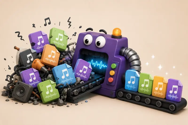 Conceptual audio format converter online transformation with large media assets compressed into streamlined delivery-ready files