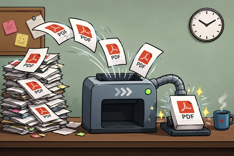 Workflow showing multiple large PDF documents merging into a single organized file