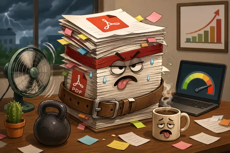 Conceptual image of scanned paper documents being consolidated into one large digital PDF