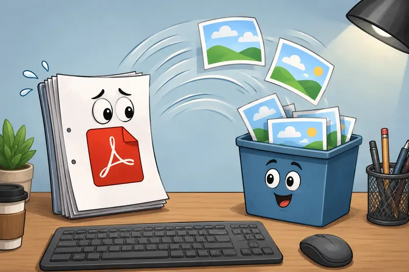 Conceptual illustration of a PDF to JPG converter turning document pages into image files on a desktop workspace