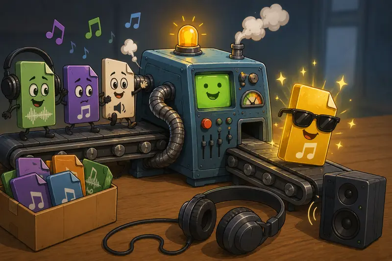 Secure workflow to convert audio files and clean metadata before publishing