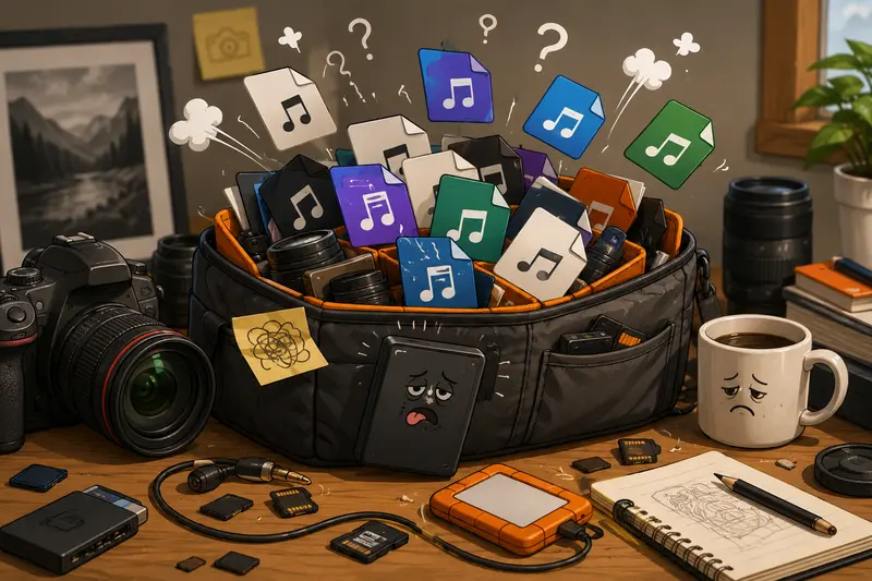 Photographer organizing mixed audio formats before converting audio files