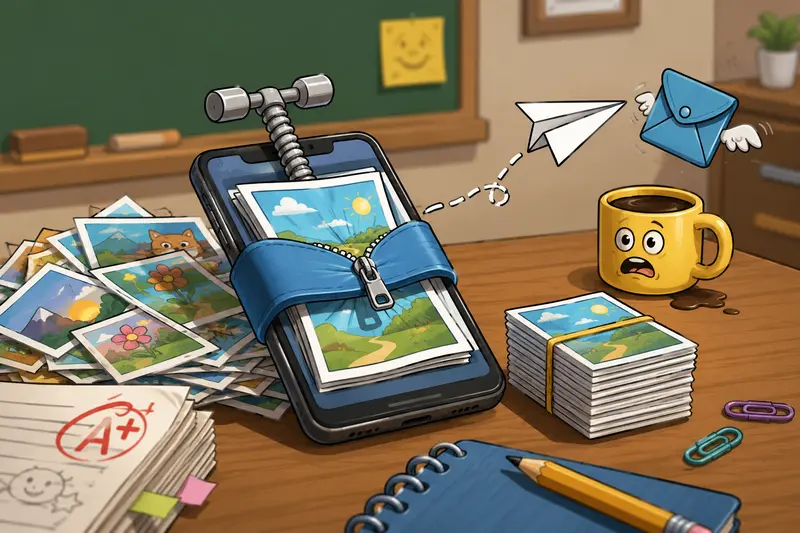 Teacher organizing compressed classroom images on an Android phone to reduce image file size