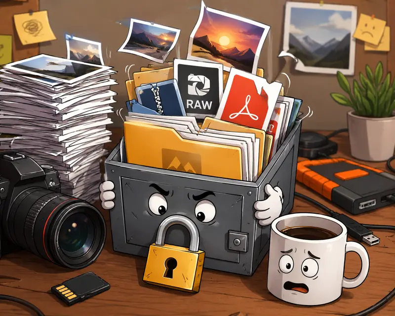 Photographer organizing large encrypted image files before client delivery