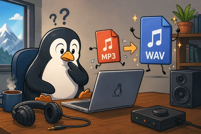 Conceptual illustration of MP3 to WAV converter workflow on Linux with audio files moving through a browser-based process