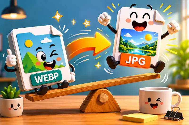 Conceptual WEBP to JPG converter process with files transforming for business delivery