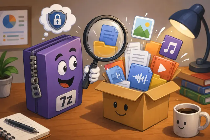 Extract 7Z files concept showing campaign folders, PDFs, images, and audio assets