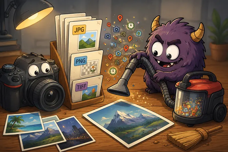 Conceptual image of hidden EXIF data being removed from travel photographs