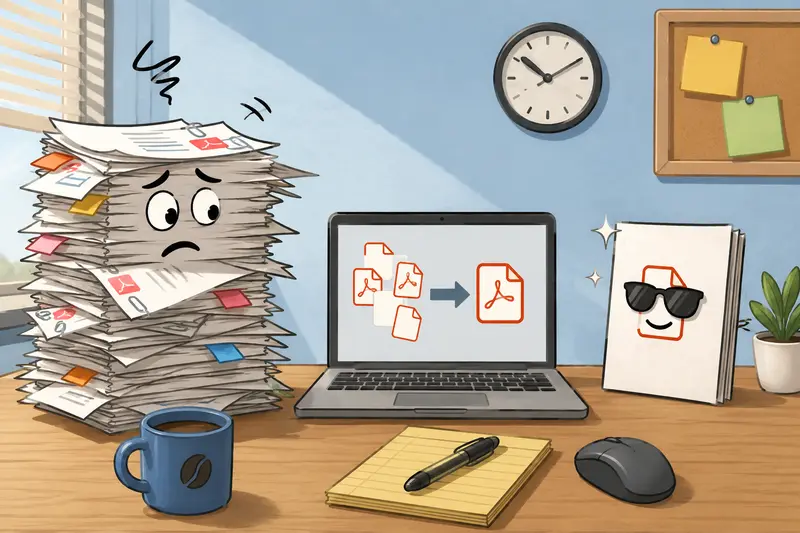 Business paperwork being organized into a single merged PDF document