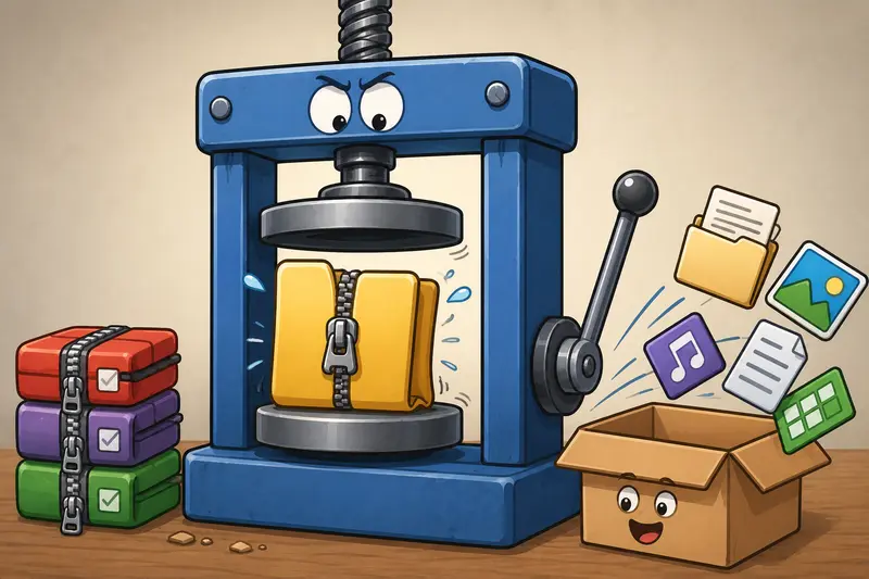 Conceptual illustration of unzip files online processing for large distributed team archives