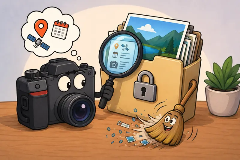 Privacy-safe image cleanup concept showing hidden photo data being removed