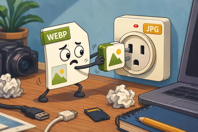 Abstract visualization of WEBP to JPG converter workflow moving image formats through a cloud-based processing pipeline