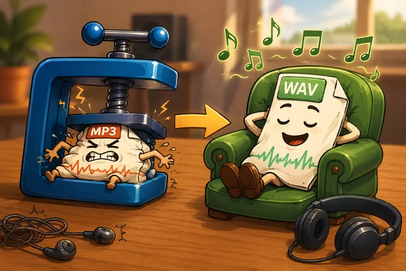 Conceptual audio conversion process from compressed MP3 to high-quality WAV