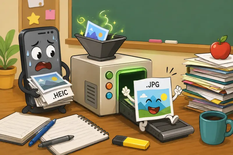 Teacher workflow using HEIC to JPG converter for classroom image preparation
