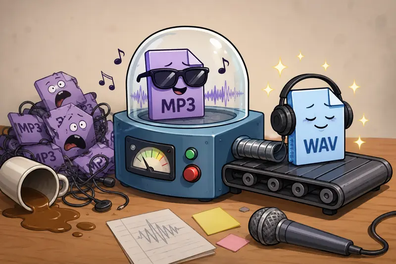 Large audio workflow using an MP3 to WAV converter for marketing production