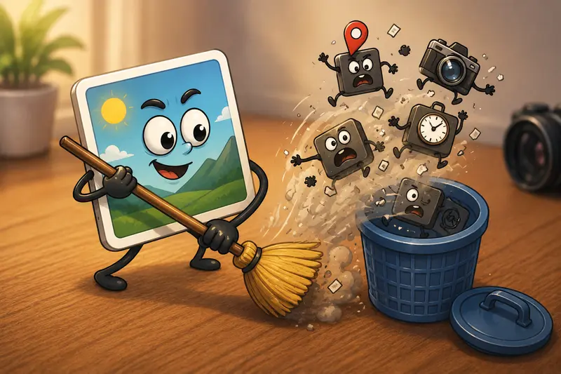 Conceptual workflow of photographers preparing and exporting stripped EXIF data images